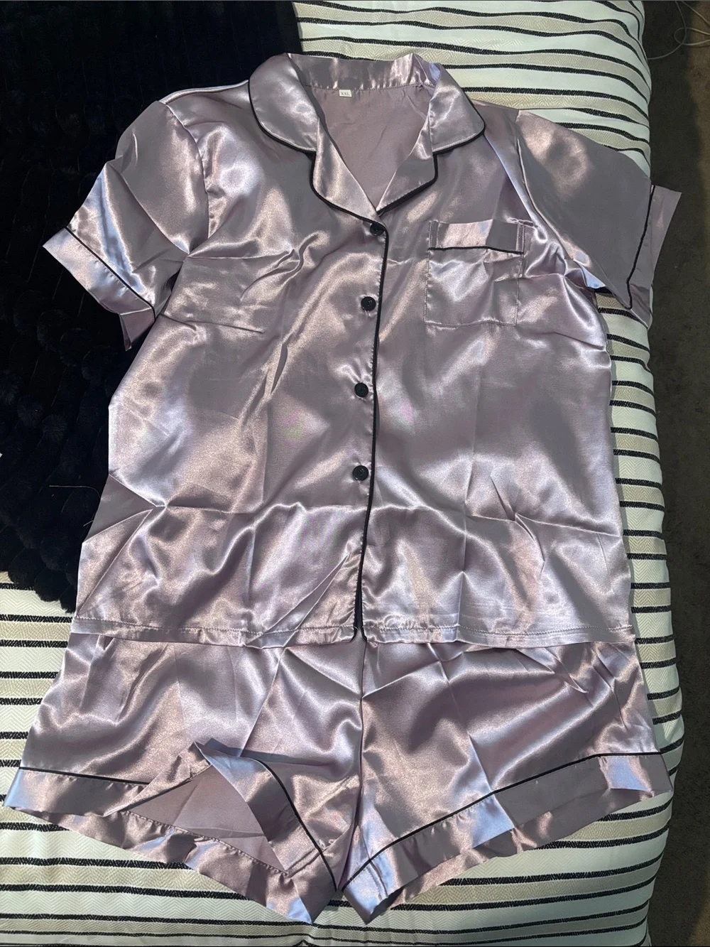 Satin Short Sleeve Pajama Set - Lavender with Black Piping